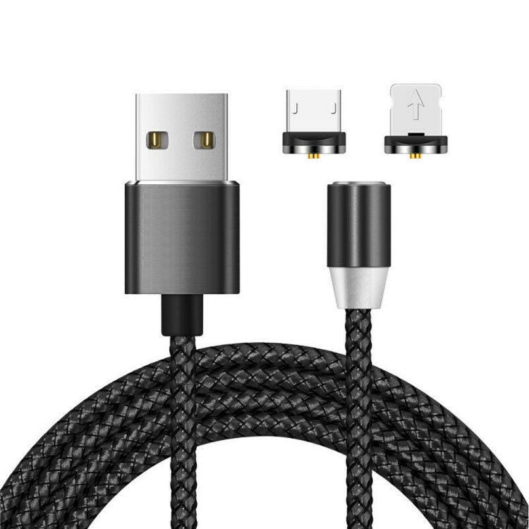 2-in-1 USB-auf-8-Pin- + Micro-USB-Magnet-Metall-Schnittstellen-Nylon-geflochtenes Ladekabel, Länge: 1m, 1m