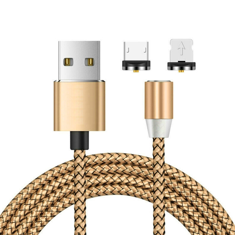 2-in-1 USB-auf-8-Pin- + Micro-USB-Magnet-Metall-Schnittstellen-Nylon-geflochtenes Ladekabel, Länge: 1m, 1m