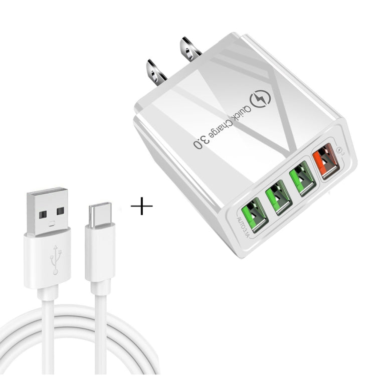 2-in-1 USB-auf-USB-C-/Type-C-Datenkabel + 30W QC 3.0 4 USB-Schnittstellen Universal-Schnellladegerät für Mobiltelefone und Tablets Reise-Ladegerät-Set, US-Stecker, USB-C-/Type-C-Set US-Stecker