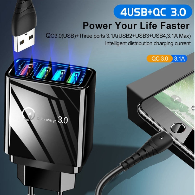 2-in-1 USB-auf-USB-C-/Type-C-Datenkabel + 30W QC 3.0 4 USB-Schnittstellen Universal-Schnellladegerät für Mobiltelefone und Tablets Reise-Ladegerät-Set, US-Stecker, USB-C-/Type-C-Set US-Stecker
