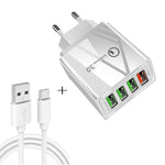 2-in-1 USB auf USB-C / Typ-C Datenkabel + 30W QC 3.0 4 USB-Schnittstellen Handy Tablet PC Universal Schnellladegerät Reise-Ladegerät Set, EU Stecker, USB-C / Typ-C Set EU Stecker