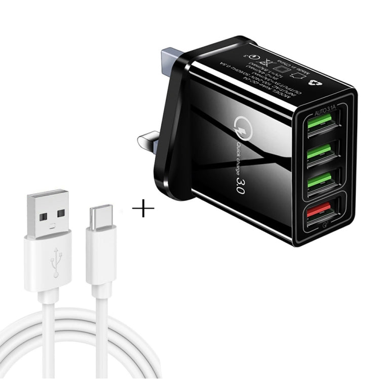 2 in 1 1m USB-auf-USB-C-/Type-C-Datenkabel + 30W QC 3.0 4 USB-Schnittstellen Universal-Schnellladegerät für Mobiltelefone, Tablets und PCs, Reise-Ladegerät-Set, UK-Stecker, USB-C-/Type-C-Set UK-Stecker