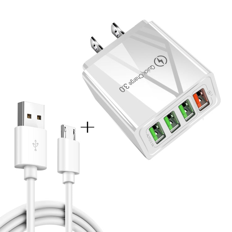2-in-1 1m USB-zu-Micro-USB-Datenkabel + 30W QC 3.0 4 USB-Schnittstellen Handy-Tablet-PC Universal-Schnellladegerät Reise-Ladegerät-Set, US-Stecker, Micro USB Set US-Stecker