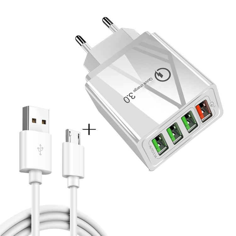 2-in-1 1m USB zu Micro-USB Datenkabel + 30W QC 3.0 4 USB Schnittstellen Handy Tablet PC Universelles Schnellladegerät Reise-Ladegerät Set, EU Stecker, Micro USB Set EU Stecker