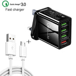 2-in-1 1m USB zu Micro-USB Datenkabel + 30W QC 3.0 4 USB-Schnittstellen Universal-Schnellladegerät für Handy und Tablet PC Reise-Ladeset, UK Stecker, Micro-USB Set UK Stecker