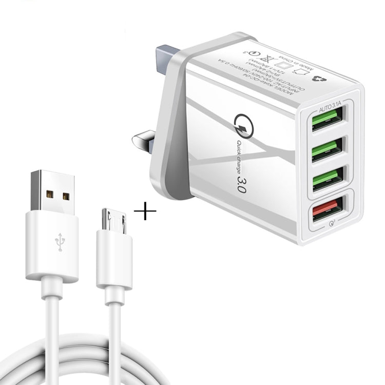 2-in-1 1m USB zu Micro-USB Datenkabel + 30W QC 3.0 4 USB-Schnittstellen Universal-Schnellladegerät für Handy und Tablet PC Reise-Ladeset, UK Stecker, Micro-USB Set UK Stecker