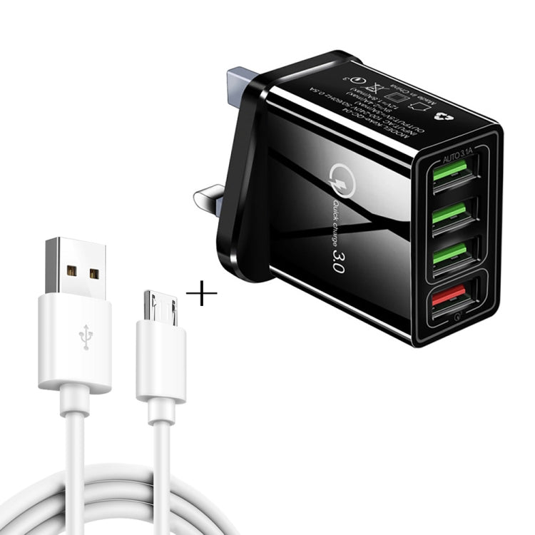 2-in-1 1m USB zu Micro-USB Datenkabel + 30W QC 3.0 4 USB-Schnittstellen Universal-Schnellladegerät für Handy und Tablet PC Reise-Ladeset, UK Stecker, Micro-USB Set UK Stecker