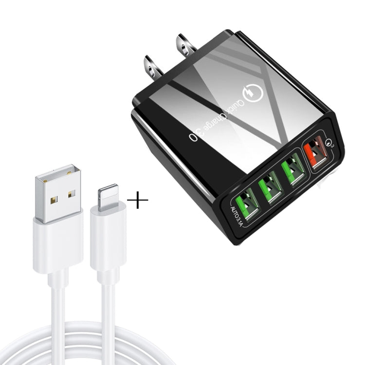2-in-1 1m USB-auf-8-Pin-Datenkabel + 30W QC 3.0 4 USB-Schnittstellen Universal-Schnellladegerät für Handy und Tablet-PC, Reisestecker-Set US-Stecker, 8-Pin-Set US-Stecker