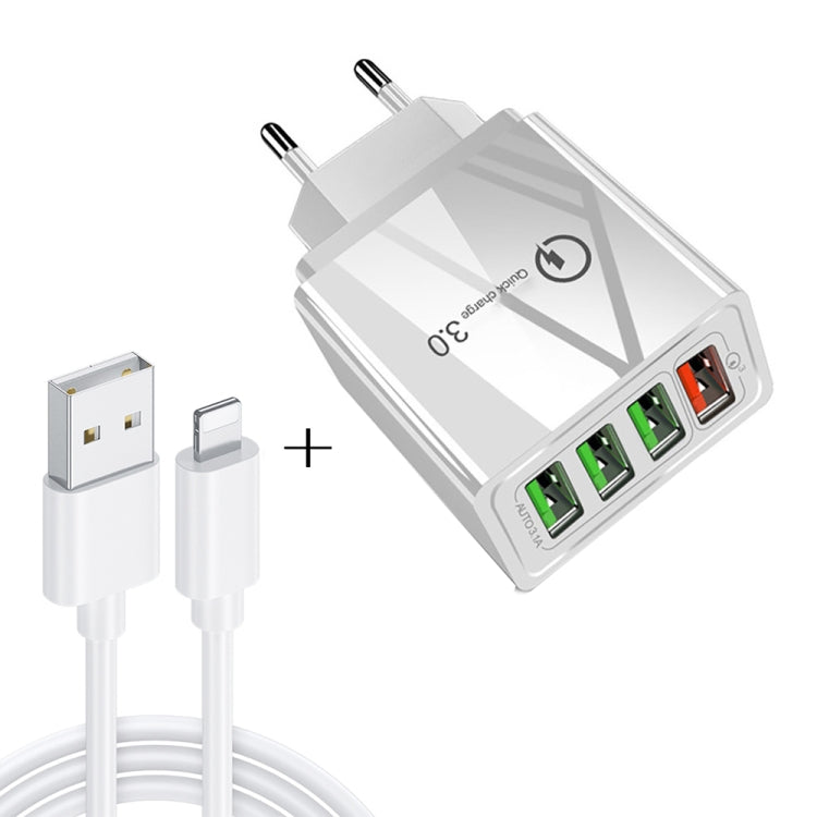 2-in-1 1m USB auf 8-Pin Datenkabel + 30W QC 3.0 4 USB Schnittstellen Handy Tablet PC Universal Schnellladegerät Reise-Ladeadapter Set, EU-Stecker, 8-Pin Set EU-Stecker