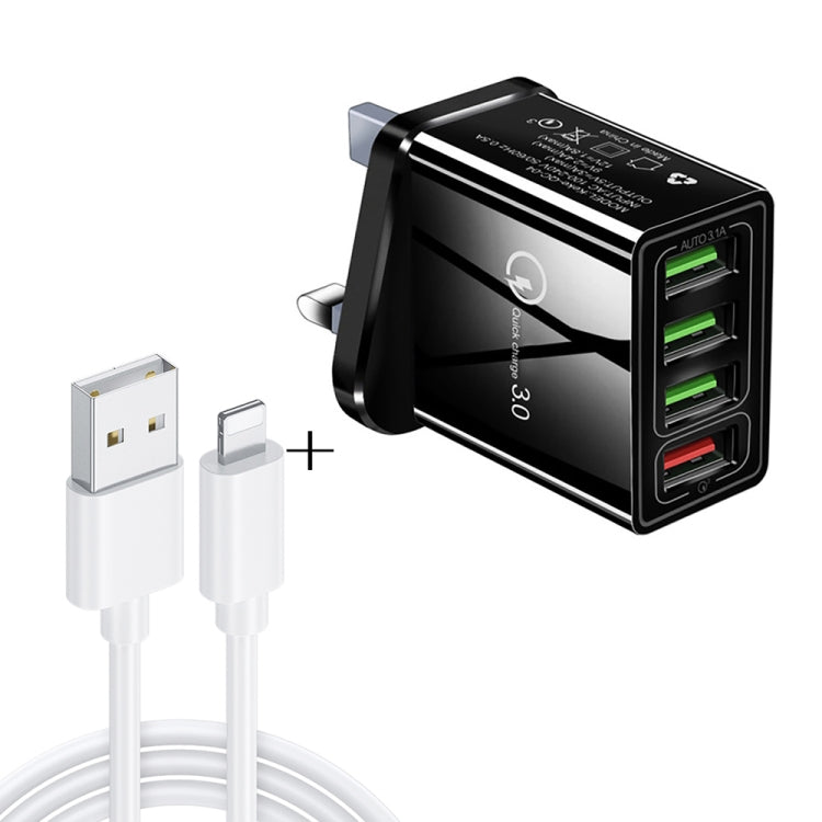 2-in-1 1m USB-auf-8-Pin-Datenkabel + 30W QC 3.0 4 USB-Anschlüsse Handy Tablet PC Universelles Schnellladegerät Reisegerät Set, UK Stecker, 8 Pin Set UK Stecker
