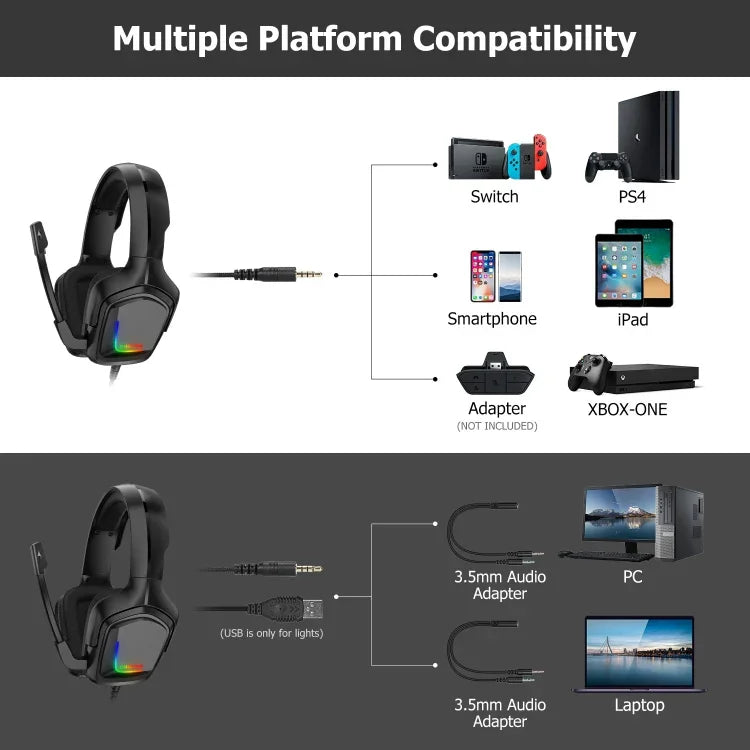 ONIKUMA K20 PS4 Headset Stereo Gaming Headset mit Mikrofon/LED-Licht für XBox One/Laptop Tablet