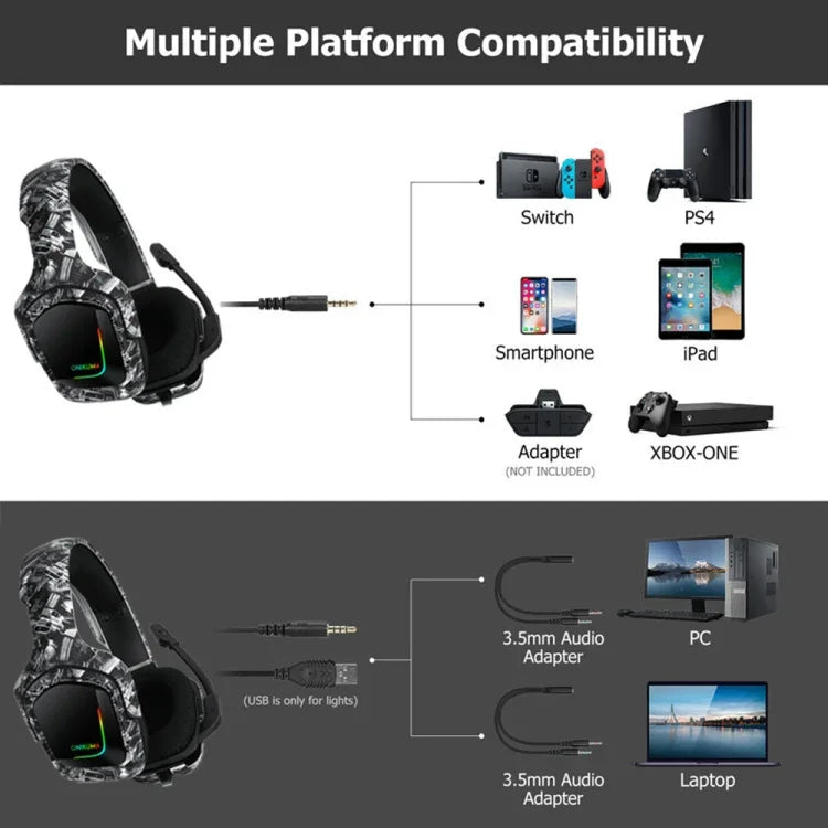 ONIKUMA K20 PS4 Surround Sound Bass PC Gamer Kopfhörer mit Mikrofon, RGB Licht