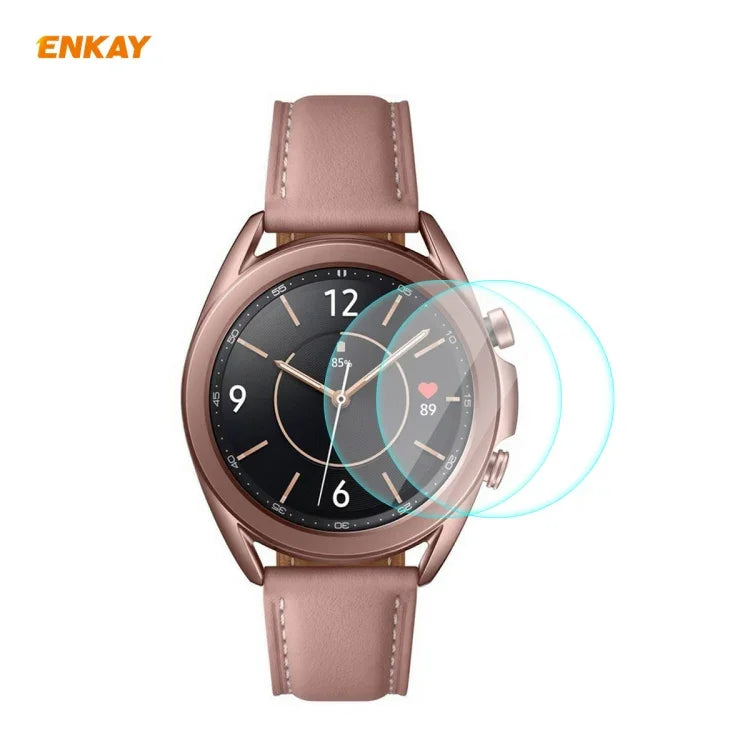 2 Stück ENKAY Hat-Prince 0,2 mm 9H 2,15D Displayschutzfolie aus gehärtetem Glas mit gebogenen Kanten für Samsung Galaxy Watch 3 (45 mm) und Samsung Galaxy Watch 3 (41 mm)