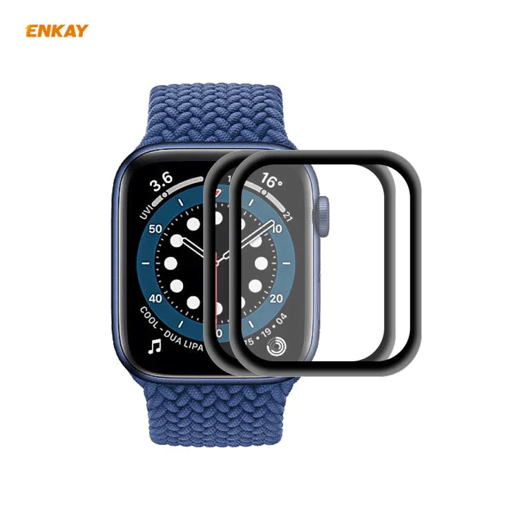 2 Stück ENKAY Hat-Prince 0,2 mm 9H Oberflächenhärte 3D-explosionsgeschützte Aluminiumlegierungskante Vollbild-Displayschutzfolie aus gehärtetem Glas, für Apple Watch 6/5/4/SE 40 mm
