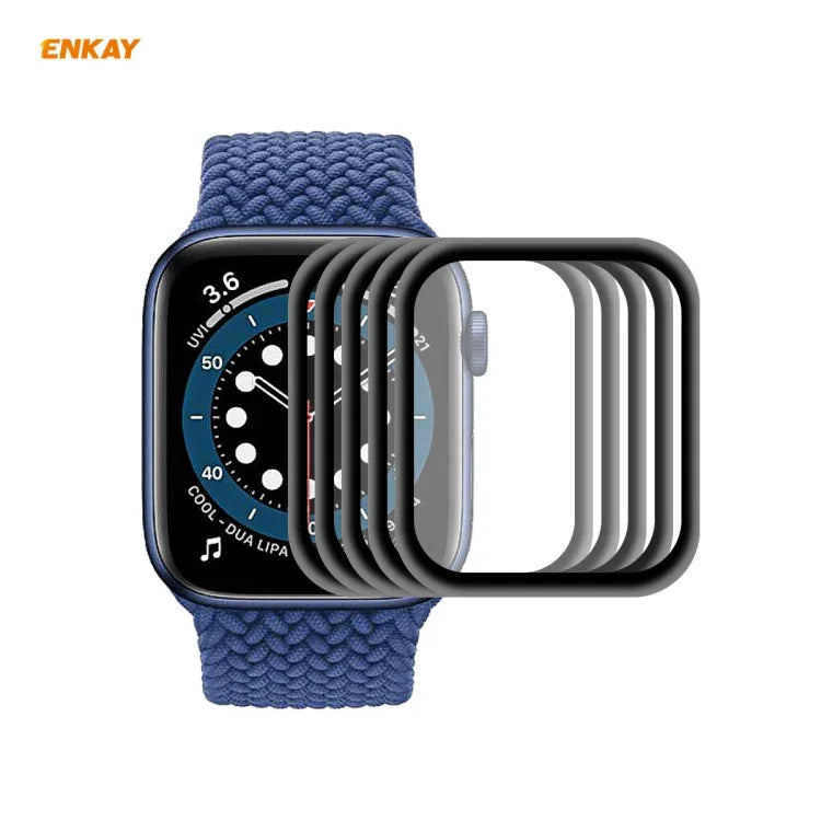 5 Stück ENKAY Hat-Prince 0,2 mm 9H Oberflächenhärte 3D-explosionsgeschützte Aluminiumlegierungskante Vollbild-Displayschutzfolie aus gehärtetem Glas, für Apple Watch 6/5/4/SE 40 mm und Apple Watch 6/5/4/SE 44 mm