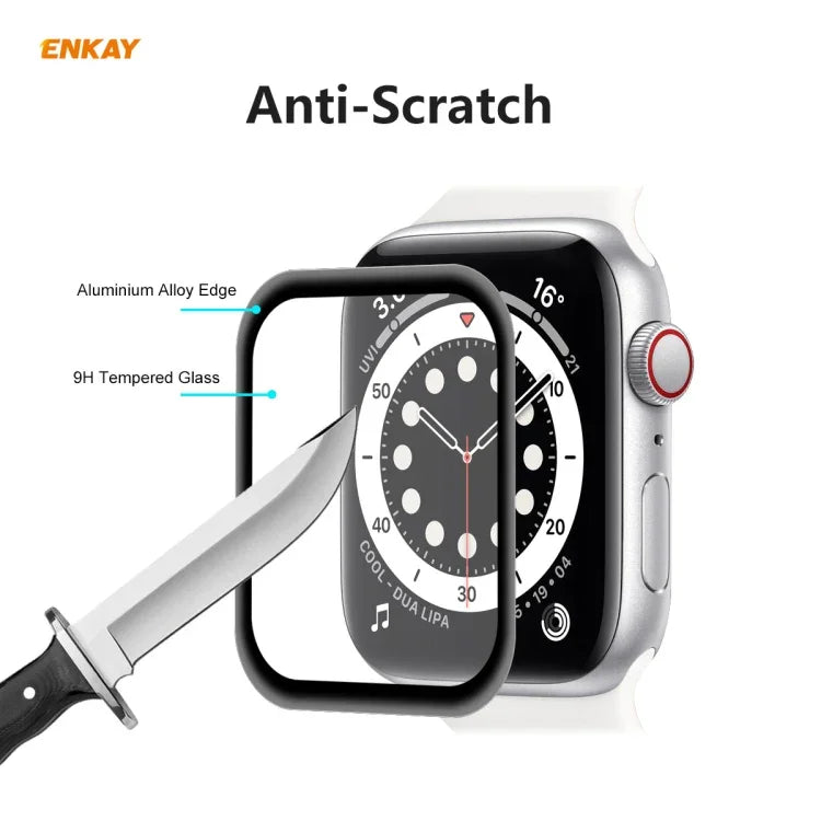 10 Stück ENKAY Hat-Prince 0,2 mm 9H Oberflächenhärte 3D-explosionsgeschützte Vollbild-Displayschutzfolie aus gehärtetem Glas mit Aluminiumlegierungsrand, für Apple Watch 6/5/4/SE 40 mm und Apple Watch 6/5/4/SE 44 mm