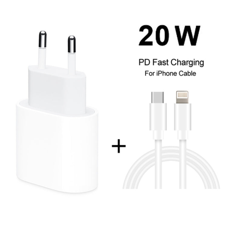 2-in-1 PD 20W Einzelner USB-C / Typ-C Port Reiseladegerät + 3A PD3.0 USB-C / Typ-C auf 8 Pin Schnelllade-Datenkabel Set, Kabellänge: 1m, EU Stecker, 20W 1m