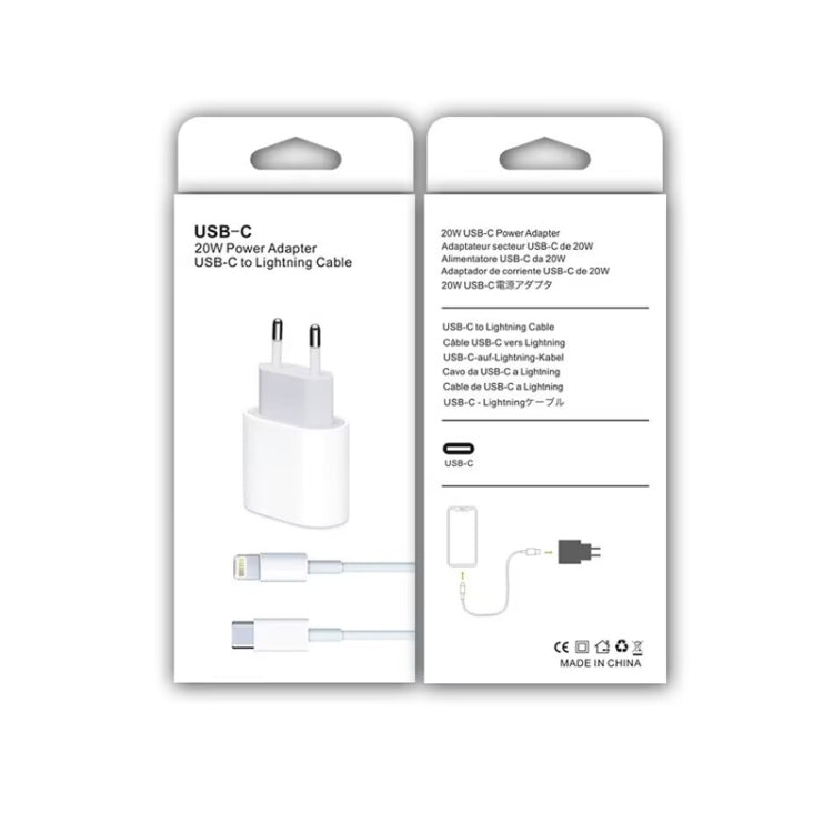 2-in-1 PD 20W Einzelner USB-C / Typ-C Port Reiseladegerät + 3A PD3.0 USB-C / Typ-C auf 8 Pin Schnelllade-Datenkabel Set, Kabellänge: 1m, EU Stecker, 20W 1m