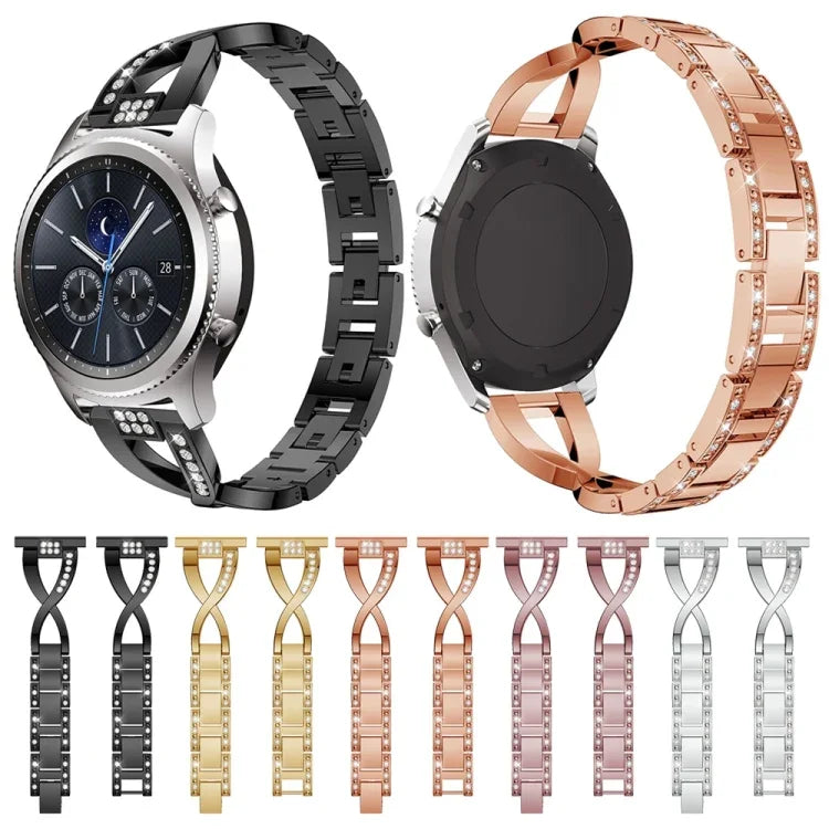 X-förmiges, diamantbesetztes Armband aus massivem Edelstahl für Samsung Gear S3