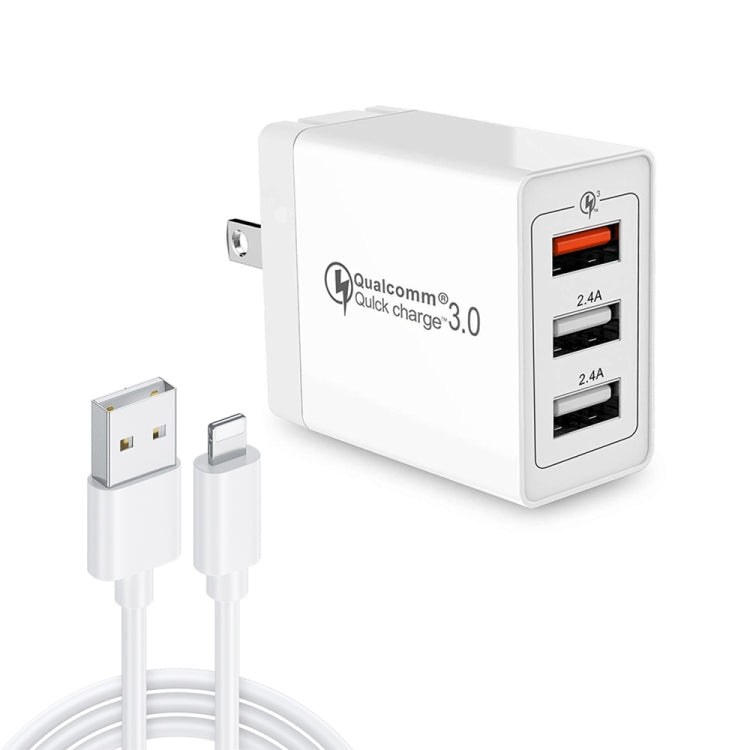 SDC-30W 2-in-1 USB-auf-8-Pin-Datenkabel + 30W QC 3.0 USB + 2.4A Dual USB 2.0 Ports Mobiltelefon-Tablet-PC Universal-Schnellladegerät Reiselade-Set, US-Stecker, mit 8-Pin-Kabel, US-Stecker