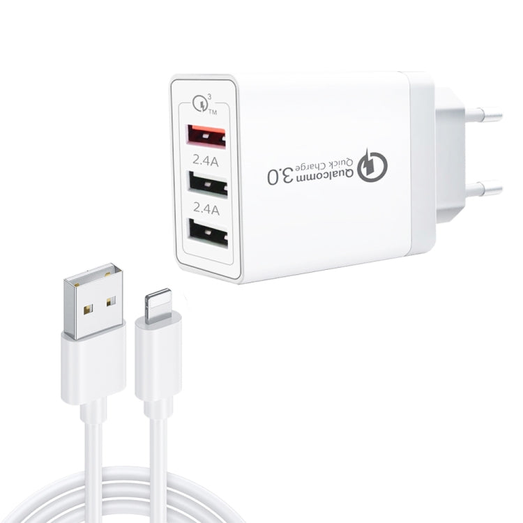 SDC-30W 2-in-1-USB-auf-8-Pin-Datenkabel + 30W QC 3.0 USB + 2,4A Dual-USB-2.0-Anschlüsse Mobiltelefon-Tablet-PC-Universal-Schnelllade-Reiselader-Set, EU-Stecker, mit 8-Pin-Kabel, EU-Stecker