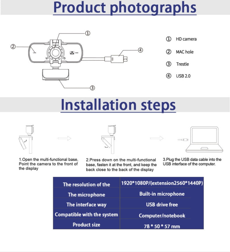 C5 4 Millionen Pixel Autofokus 2K Full HD Webcam 360 Grad Drehung USB Treiberfreie Live-Übertragungs-Webkamera mit Mikrofon, C5