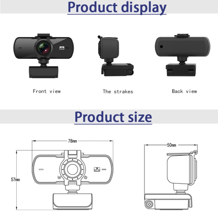 C5 4 Millionen Pixel Autofokus 2K Full HD Webcam 360 Grad Drehung USB Treiberfreie Live-Übertragungs-Webkamera mit Mikrofon, C5