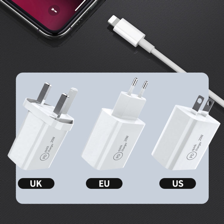 SDC-20W 2-in-1 PD 20W USB-C / Typ-C Reiseladegerät + 3A PD3.0 USB-C / Typ-C auf 8-Pin Schnelllade-Datenkabel-Set, Kabellänge: 1m, US-Stecker, EU-Stecker, UK-Stecker