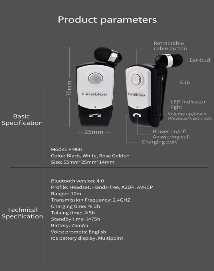F960 CSR4.1 Einziehbares Kabel Anrufer Vibrationserinnerung Diebstahlschutz Bluetooth Headset, Schwarz, Weiß, Gold, Silber