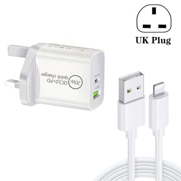 SDC-20WA+C 20W PD 3.0 + QC 3.0 USB Dual-Schnelllade-Universal-Reise-Ladegerät mit Micro-USB-auf-8-Pin-Schnelllade-Datenkabel, UK-Stecker, USB auf 8 Pin (UK-Stecker)