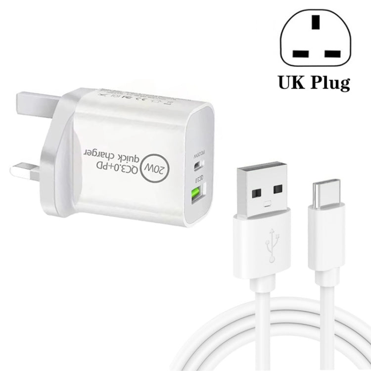 SDC-20WA+C 20W PD 3.0 + QC 3.0 USB Dual-Schnellladegerät Universal-Reiseladegerät mit USB-zu-Type-C / USB-C-Schnelllade-Datenkabel, UK-Stecker, USB zu Type-C / USB-C (UK-Stecker)