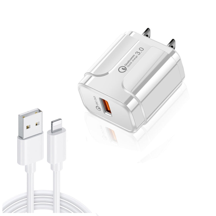 LZ-023 18W QC 3.0 USB Portable Reiseladegerät + 3A USB-zu-8-Pin-Datenkabel, US-Stecker, USB-zu-8-Pin-Datenkabel, US-Stecker, 8-Pin-Datenkabel, US-Stecker