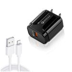 LZ-023 18W QC 3.0 USB Portable Reiseladegerät + 3A USB-zu-8-Pin-Datenkabel, US-Stecker, USB-zu-8-Pin-Datenkabel, US-Stecker, 8-Pin-Datenkabel, US-Stecker