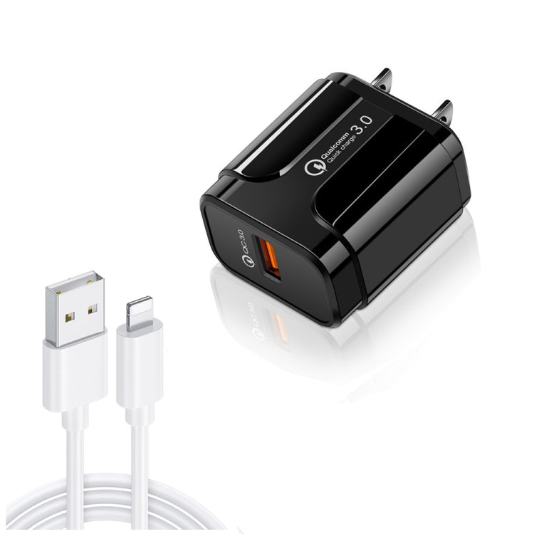 LZ-023 18W QC 3.0 USB Portable Reiseladegerät + 3A USB-zu-8-Pin-Datenkabel, US-Stecker, USB-zu-8-Pin-Datenkabel, US-Stecker, 8-Pin-Datenkabel, US-Stecker