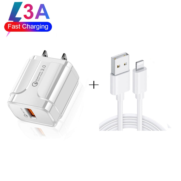 LZ-023 18W QC 3.0 USB Portable Reiseladegerät + 3A USB-zu-8-Pin-Datenkabel, US-Stecker, USB-zu-8-Pin-Datenkabel, US-Stecker, 8-Pin-Datenkabel, US-Stecker