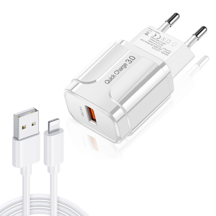LZ-023 18W QC 3.0 USB tragbares Reiseladegerät + 3A USB-auf-8-Pin-Datenkabel, EU-Stecker, 8-Pin-Datenkabel, EU-Stecker