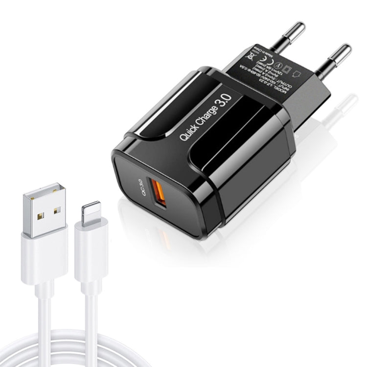 LZ-023 18W QC 3.0 USB tragbares Reiseladegerät + 3A USB-auf-8-Pin-Datenkabel, EU-Stecker, 8-Pin-Datenkabel, EU-Stecker