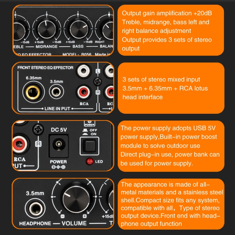 3-Kanal-Mischer Front-Stereo-Verstärker mit Höhen-/Mitten-/Bassregler, USB 5V Stromversorgung, US-Stecker, B056