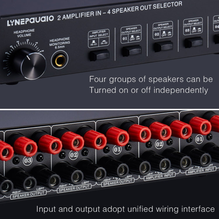 B032 2-in 4-out Leistungsverstärker-Umschalter Lautsprecher Verlustfreie Klangqualität 300W pro Kanal Schalterverteiler-Komparator mit Kopfhörer-Überwachungsfunktion / Audio-Eingang, B032