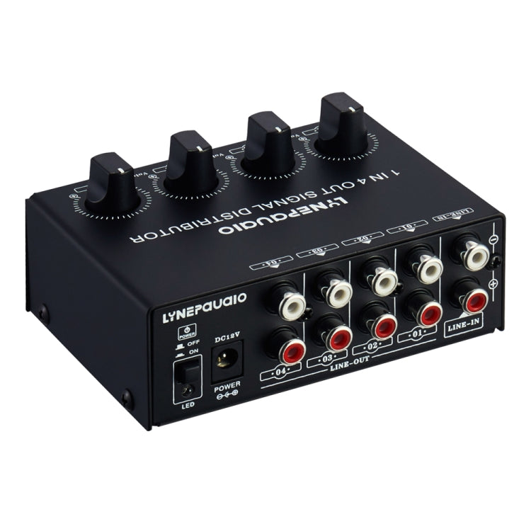 1-in-4-out Stereo-Front-Signalverstärker, unabhängige Ausgangslautstärkeregelung, Cinch-Schnittstelle, verlustfreier Verteiler, US-Stecker, B029