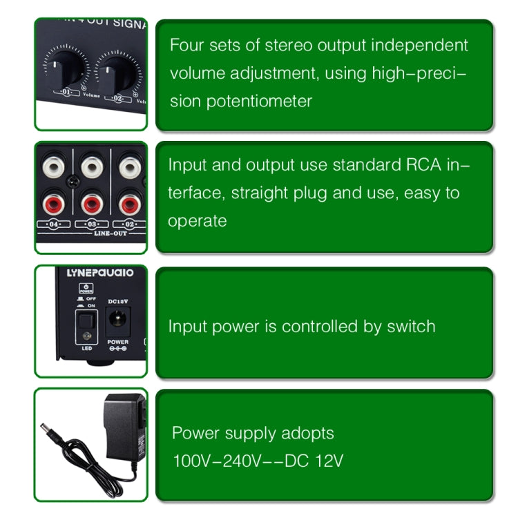 1-in-4-out Stereo-Front-Signalverstärker, unabhängige Ausgangslautstärkeregelung, Cinch-Schnittstelle, verlustfreier Verteiler, US-Stecker, B029