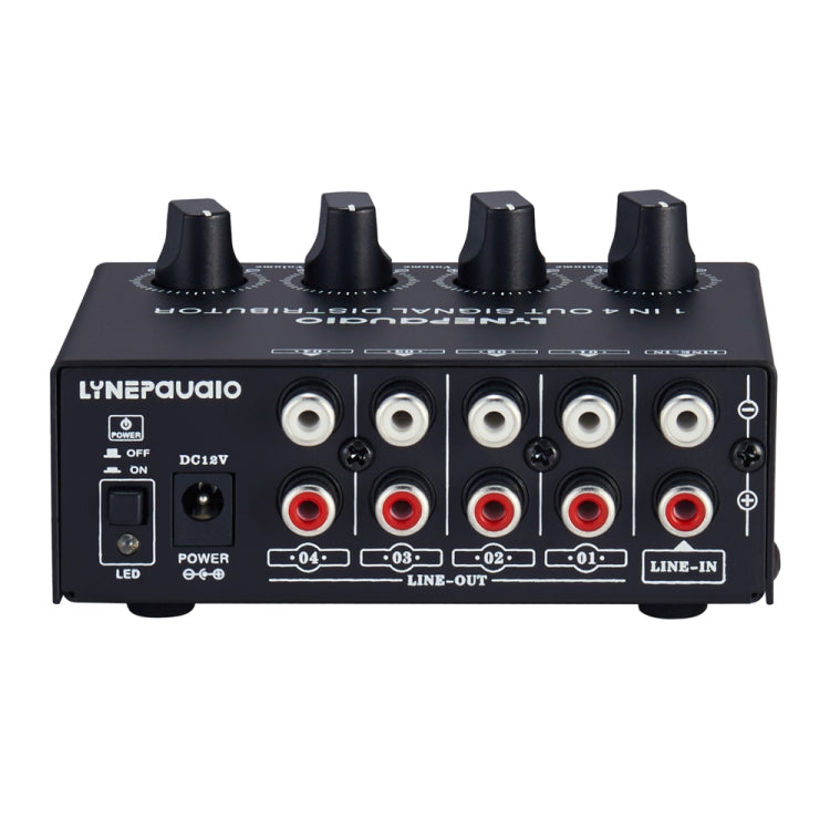 1-in-4-out Stereo-Front-Signalverstärker, unabhängige Ausgangslautstärkeregelung, Cinch-Schnittstelle, verlustfreier Verteiler, US-Stecker, B029
