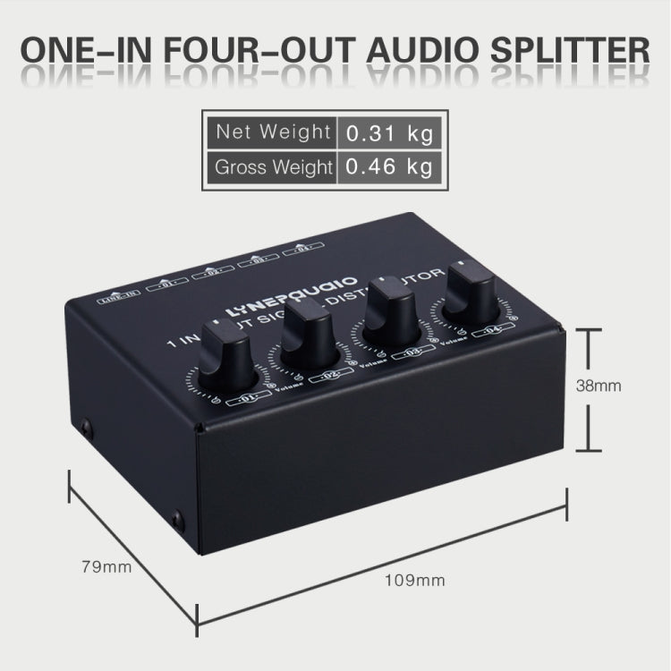 1-in-4-out Stereo-Front-Signalverstärker, unabhängige Ausgangslautstärkeregelung, Cinch-Schnittstelle, verlustfreier Verteiler, US-Stecker, B029