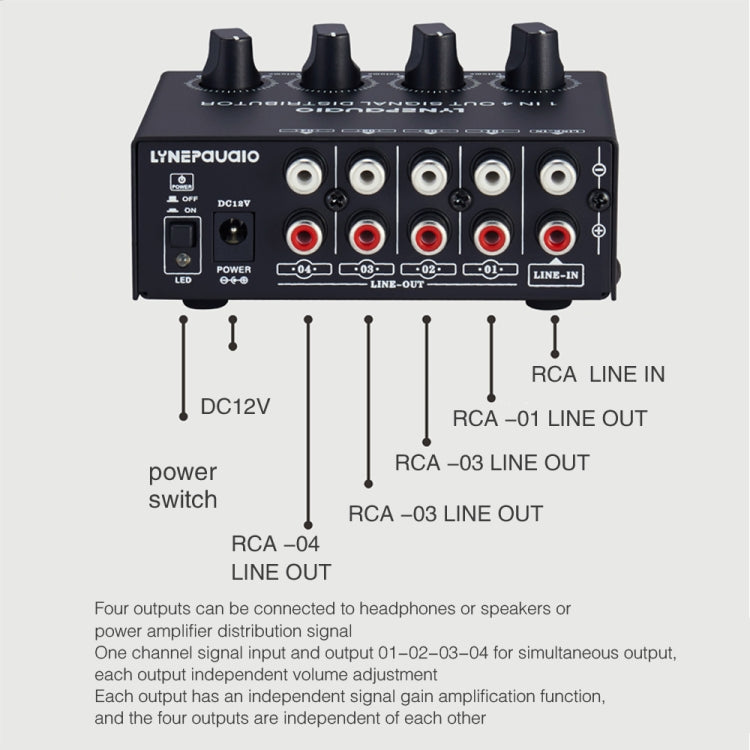 1-in-4-out Stereo-Front-Signalverstärker, unabhängige Ausgangslautstärkeregelung, Cinch-Schnittstelle, verlustfreier Verteiler, US-Stecker, B029