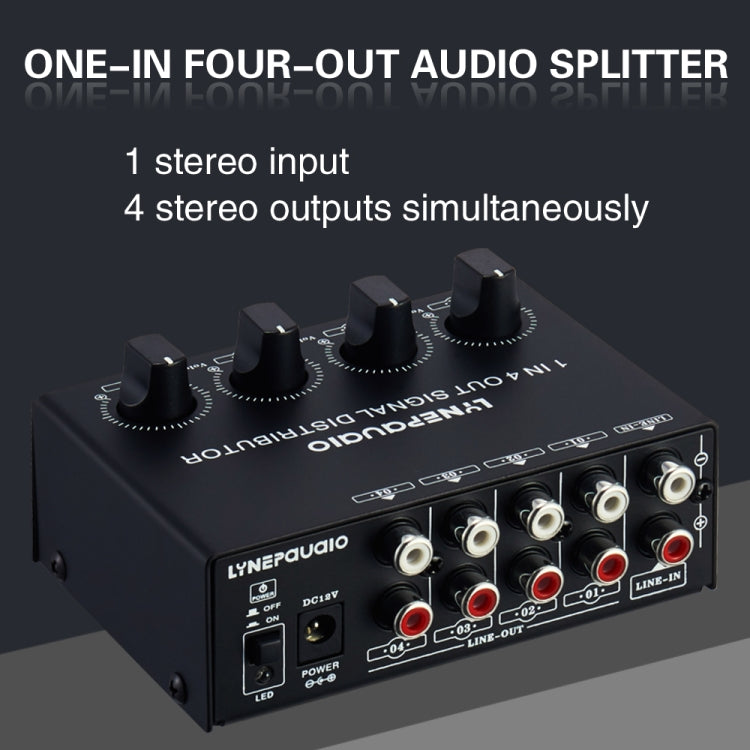 1-in-4-out Stereo-Front-Signalverstärker, unabhängige Ausgangslautstärkeregelung, Cinch-Schnittstelle, verlustfreier Verteiler, US-Stecker, B029