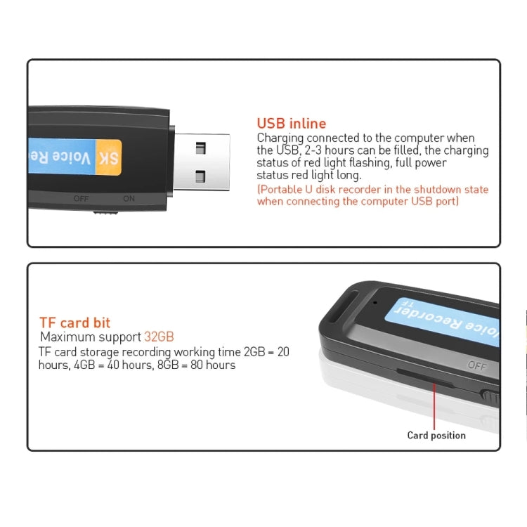 SK001 Professionelles Wiederaufladbares U-Disk Tragbares USB Digital Audio Diktiergerät Stift Unterstützt TF-Karte, 32GB