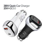 YSY-312PD QC3.0 18W USB + PD 20W USB-C / Type-C Car Charger with USB to USB-C / Type-C Data Cable, PD 20W with USB-C / Type-C Cable