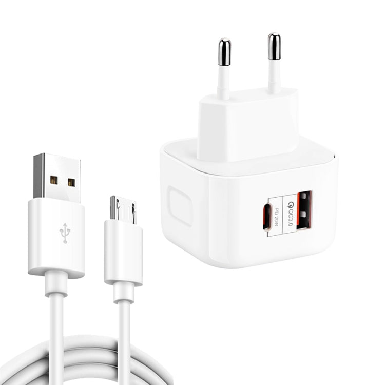 YSY-6087PD 20W PD3.0 + QC3.0 Dual-Schnelllade-Reiseladegerät mit USB-zu-Micro-USB-Datenkabel, EU-Stecker, US-Stecker, UK-Stecker