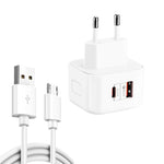 YSY-6087PD 20W PD3.0 + QC3.0 Dual-Schnelllade-Reiseladegerät mit USB-zu-Micro-USB-Datenkabel, EU-Stecker, US-Stecker, UK-Stecker