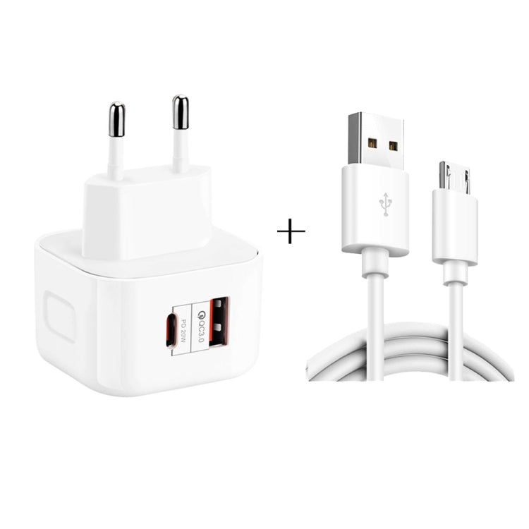 YSY-6087PD 20W PD3.0 + QC3.0 Dual-Schnelllade-Reiseladegerät mit USB-zu-Micro-USB-Datenkabel, EU-Stecker, US-Stecker, UK-Stecker